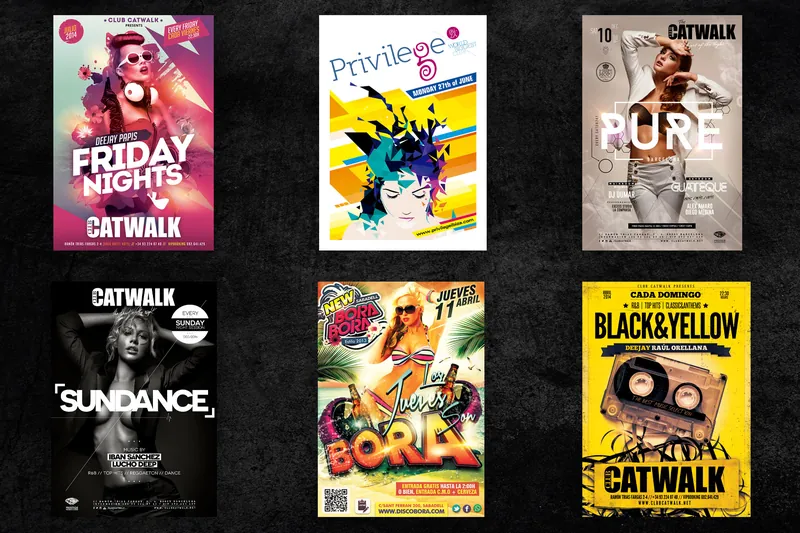 Seis flyers de una sala de Barcelona sobre fondo negro