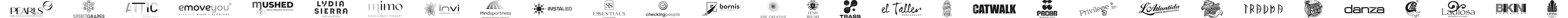 Logotipos de marcas del estudio: Pearls, Spirit Grapes, Emoveyou, Essentials Luxury Drinks, Mindsportness, Mushed Ibiza, Zoe Creative y otras.